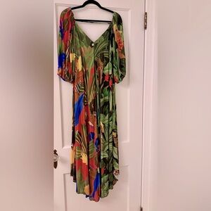 EUC - FARM Rio Green and Red Puff Sleeve Sundress - SIZE M